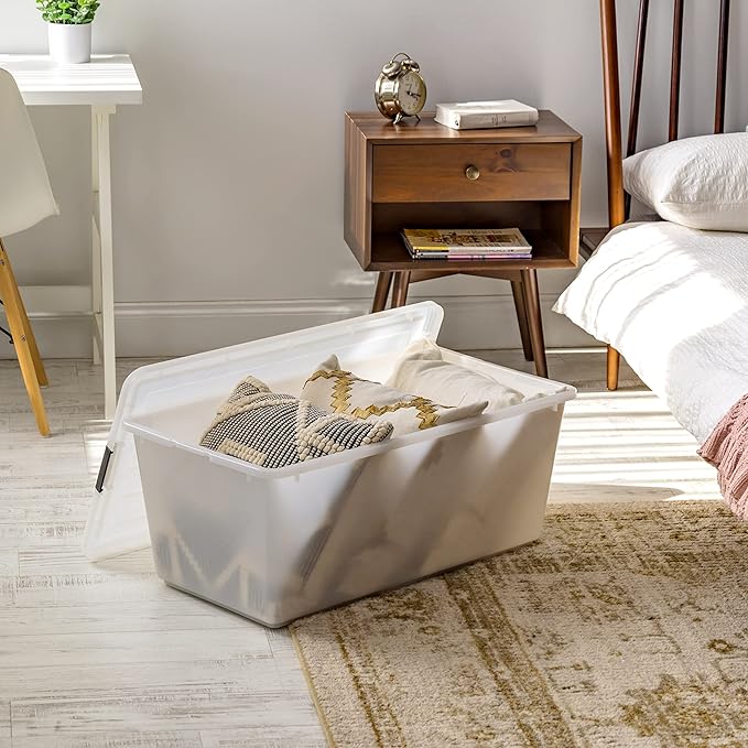 IRIS USA 91 Qt Stackable Plastic Storage Bins with Lids, 4 Pack - BPA-Free, Discreet Organizing Solution, Latches, Durable Nestable Containers, Secure Pull Handle, Made in USA - Pearl