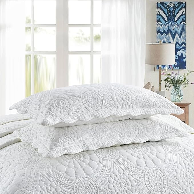 MarCielo 100% Cotton Quilt Set - 3-Piece Embroidered Farmhouse Bedspread & Shams, All-Season Breathable Bedding (Tf Bright White,King)