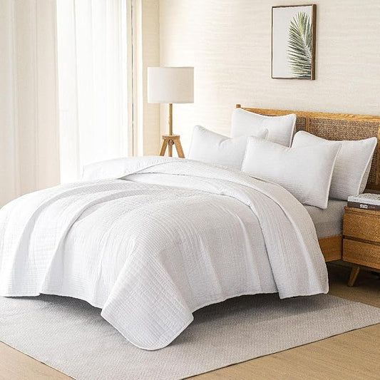 100% Cotton Queen Quilt Set 3-Piece,Bedspread Set and 2 Pillowcases, Lightweight and Textured,All-Season Lightweight Queen Comforter Bedding Set（White）