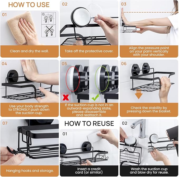 LEVERLOC 2 Pack Shower Caddy Suction Cup, Shower Shelves for Inside, Rustproof Metal Bathroom Storage NO-Drilling Bath Organizer with Large Capacity,Heavy Duty Storage Basket,Home Decor,Black