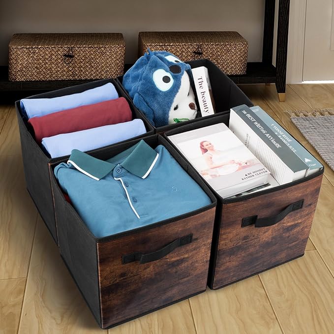 EWES 11 Inch Fabric Storage Cubes, 8 Pack Foldable Storage Bins with Handle, Storage Baskets Box for Shelves, Closet, Organizer, Rustic Brown and Black