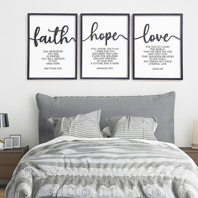 3D Wood Faith Hope Love Wall Decor, Christian Wall Art Bible Verses Wall Decor Scripture Wall Art for Bedroom Bathroom Kitchen Living Room Office(12x16 inches, Set of 3, Framed)
