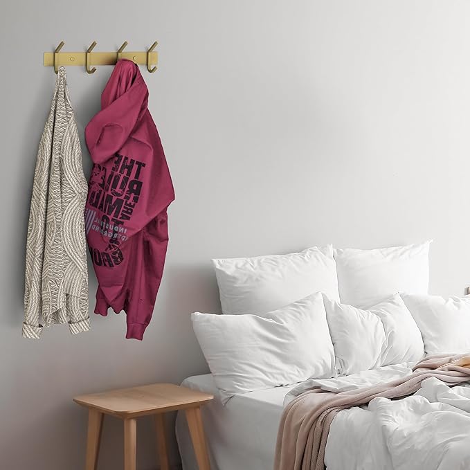 Brushed Gold Wall Mounted Coat Rack – 12 Inch Stainless Steel Rail with 4 Double Coat Hooks for Entryway, Bathroom, Bedroom, Kitchen – Modern Gold Hook Rack for Coats, Hats, Towels