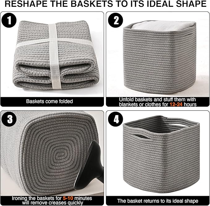 13 Inch Cube Closet Storage Bins, Woven Cotton Rope Organizer Baskets for Organizing & Shelves, Books, Towels, Clothes, Toys, 13x13x13 in, Grey (Pack of 3)