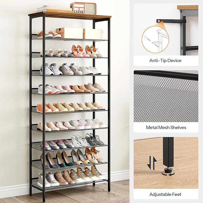 HOOBRO 10-Tier Shoe Rack, 29.5"L Shoe Shelf, Large Capacity Shoe Storage Organizer for 27+ Pairs of Shoes, Front Door Entrance, Entryway, Hallway, Closet, Space Saver, Rustic Brown and Black BF110XJ01