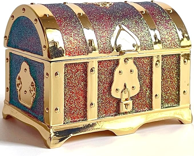 Retro Jewelry Box Arched Vintage Rectangular Metal Chest Necklace Ring Earrings Storage Case for Women Girls (Golden Starlight Red, S)