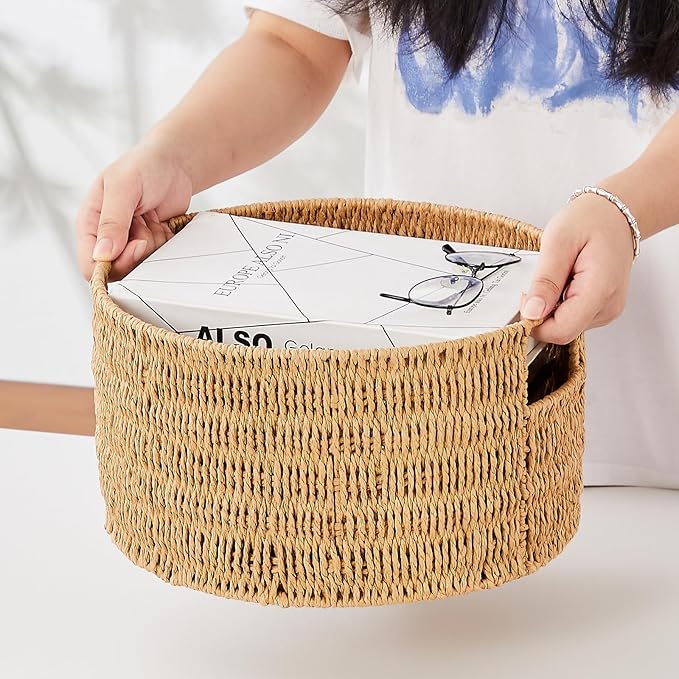 Vagusicc Wicker Storage Basket, Hand-Woven Paper Rope Large Round Woven Basket With Handles, Wicker Baskets for Organizing/Storage, Natural, 3-Pack