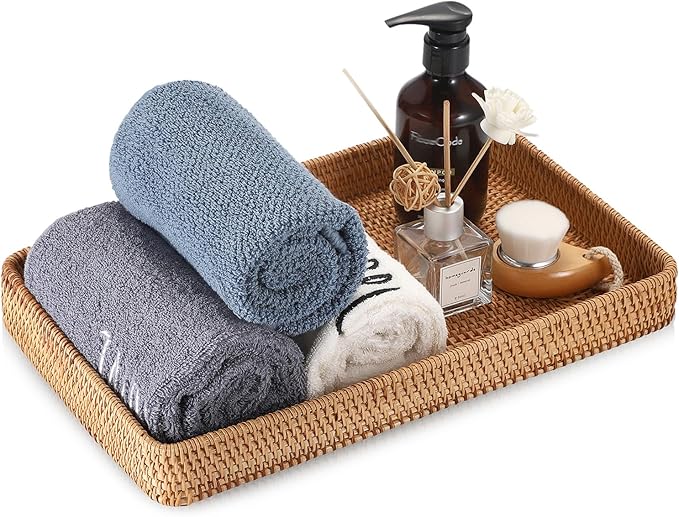 Hipiwe Rattan Serving Tray Large Wicker Storage Basket Tray for Organizing Rectangular Decorative Woven Trays Snacks Fruit Wicker Basket for Coffee Table Bathroom Home Decor,14.8"x 9.0"x1.8"