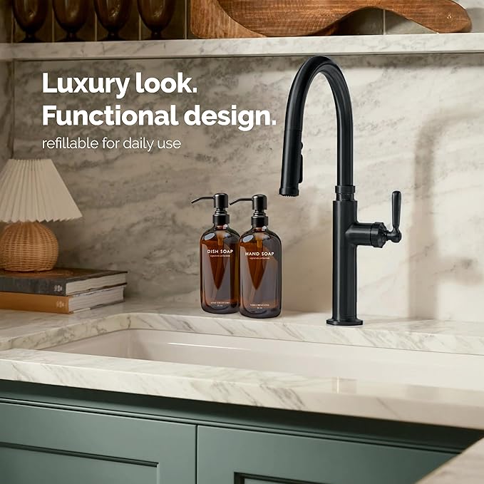 Vine Creations Amber Glass Soap Dispenser Set, Dish Soap and Hand Soap Dispenser Set with Stainless Steel Pump, 16 oz Glass Dispensers for Kitchen or Bathroom Decor (Amber Bottle/Matte Black Pump)