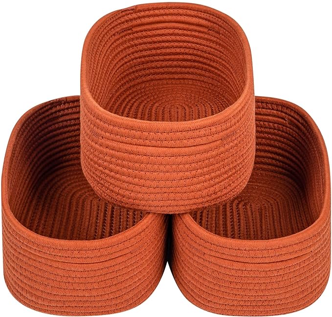 CubesLand Small Baskets, Storage Baskets for Organizing Shelves, 3 Packs Rectangular Woven Storage Baskets Natural Cotton Rope Storage Bins Closet Baby Nursery Baskets Empty Gifts Baskets Brick Red