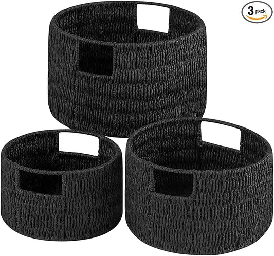 Vagusicc Wicker Storage Basket, Hand-Woven Paper Rope Large Round Woven Basket With Handles, Wicker Baskets for Organizing/Storage, Black, 3-Pack