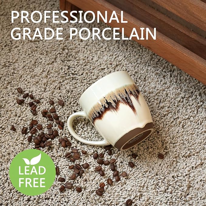 Bosmarlin Ceramic Coffee Mug Set of 4, 17 Oz, Stoneware Coffee Cups with Big Handle, Microwave Safe, Unique Reactive Glaze(17 Oz, Beige)