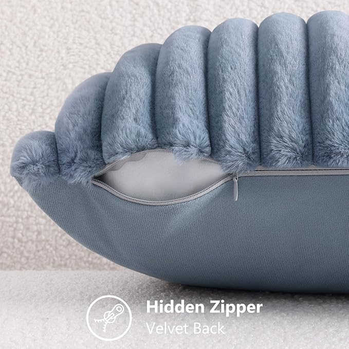 decorUhome Faux Fur Spring Throw Pillow Covers 16x16 Set of 2, Decorative Soft Plush Striped Neutral Couch Pillow Covers with Velvet Back for Sofa, Bed, Living Room Home, Grey Blue