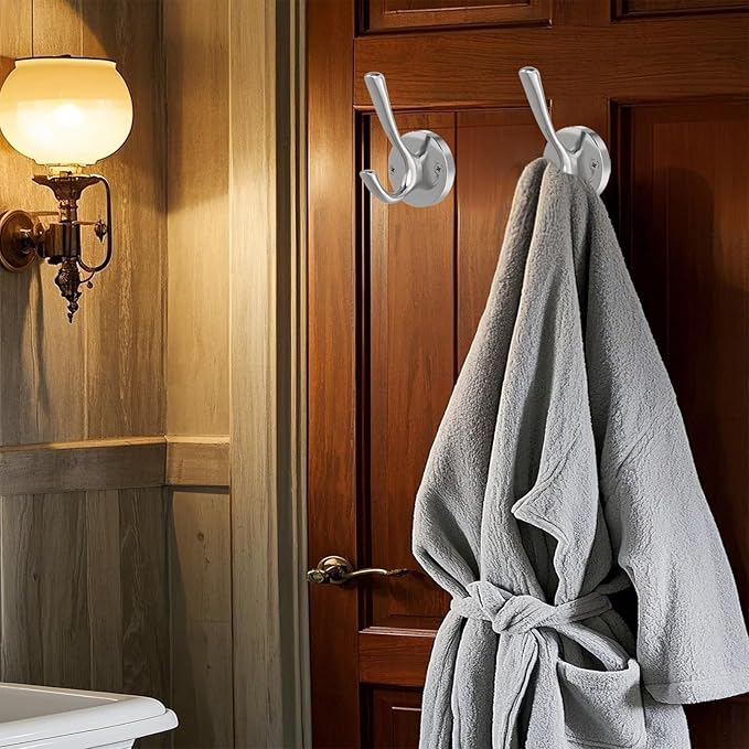 Brushed Nickel Wall Hooks, 4 Pack Heavy Duty Coat Towel Hook Metal Double Hook Wall Mounted Hanging, Bath Towel Hooks for Entryway Cubicle Bathroom Closet Garage
