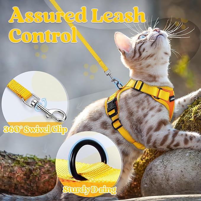 rabbitgoo Cat Harness and Leash Set, Escape Proof Soft Adjustable Vest Harnesses for Outdoor Walking, Easy Control Breathable Kitten Jacket with Reflective Strips, Orange & Yellow, M
