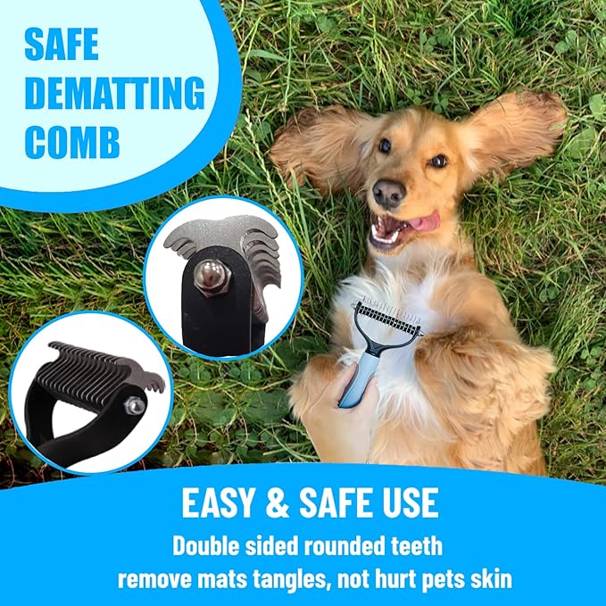 Dog Brush Grooming Kit 5PCS - Dog Brush for Shedding,Puppy Brush and Flea Comb for Dogs, Slicker Brush Comb and Dog Hair Brush Set Blue, Grooming at Home or Travel