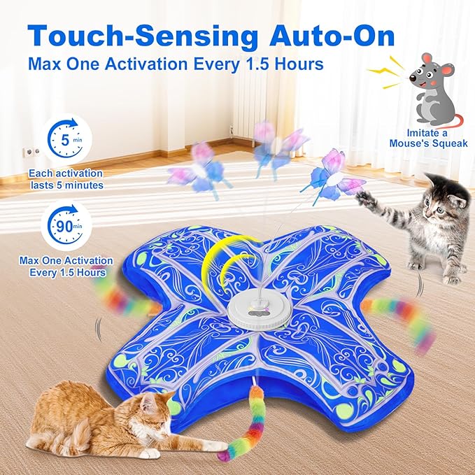 Interactive Cat Toys for Indoor Cats,[Newly Upgraded] Rechargeable Touch Activated Hide and Seek Kitten Toys for Bored Indoor Adult Cats with Fluttering (Blue)