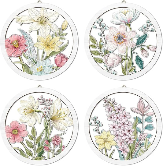 HPNIUB Boho Flower Wall Decor, Abstract Floral Market Wooden Wall Hanging Sign, 4 Pieces 10''x10'' Colorful Plant Wall Art, Minimalist Wildflower Botanical Wood Plaue for Girls Bedroom Living Room