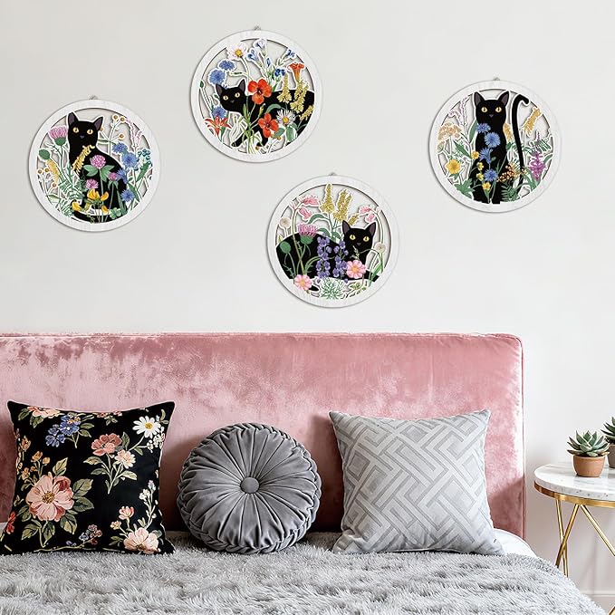 HPNIUB Funny Black Cat Wall Decor,Farmhouse Floral Wooden Signs,4 Pieces 10''x10'' Colorful Botanical Kitten Wall Art,Plant Cat Wood Plaque Home Decor for Pet Shop,Nursery,Lovely Cat Gifts