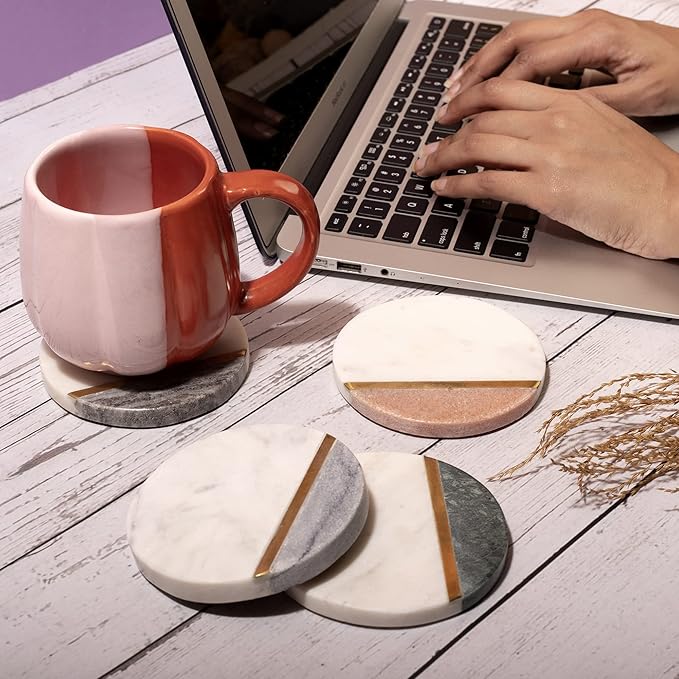 GoCraft Round Marble Coasters for Drinks - Handcrafted Modern Multicolor Pieces with Gold Brass Inlay for Beverages & Wine/Bar Glasses - Set of 4