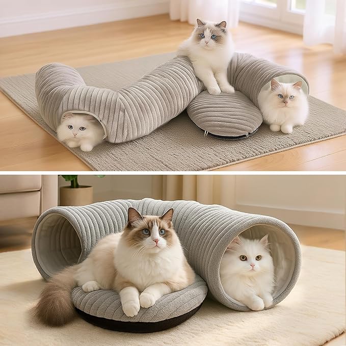 Cat Tunnel Bed for Indoor Cats, Peekaboo Cat Cave Bed,Soft Cat Donut Tunnel for Kitten Large Cats, Cat Tunnel Christmas Tree Skirt, Grey