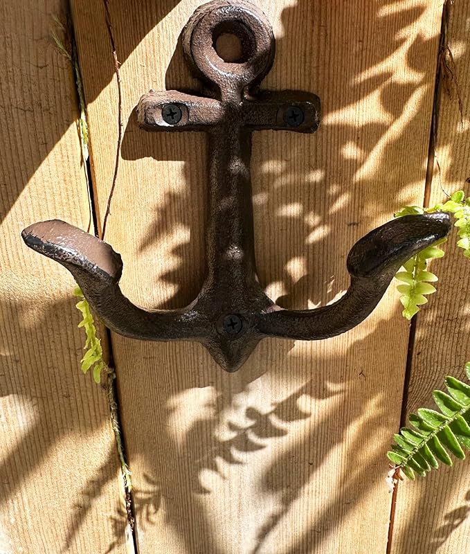 KiaoTime (Rusty Brown Vintage Rustic Cast Iron Nautical Anchor Design Wall Hook Coat Hook Rack, Decorative Wall Mounted Antique Shabby Chic Metal Home Bath Room Towel Coat Hook Hanger