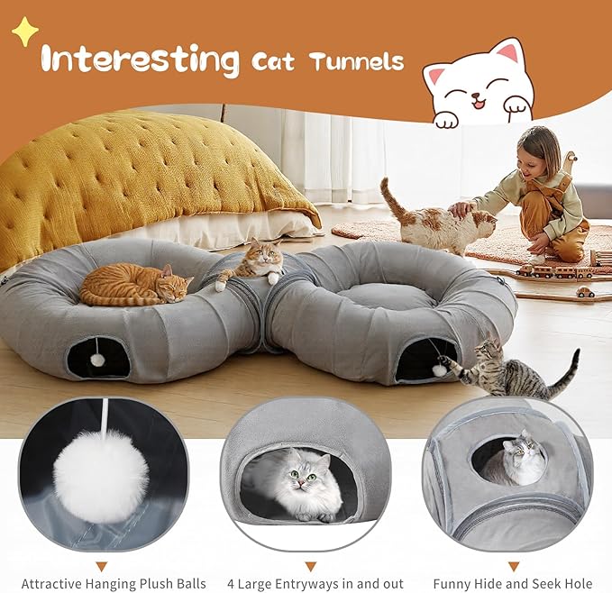 Pawaboo 2-in-1 Cat Tunnel Bed for Indoor Cats, 8-Shaped Large Cat Tunnels with Plush Cushions, Foldable Cats Cave Hideout Kitty Toys with Fluffy Balls, Donut Tunnel for Kitten Rabbit Ferret, Grey