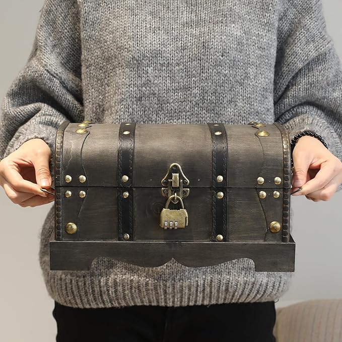 Vintage Wooden Treasure Chest Decorative Box with Lock - 12.2" x 7.1" x 7.1", Black