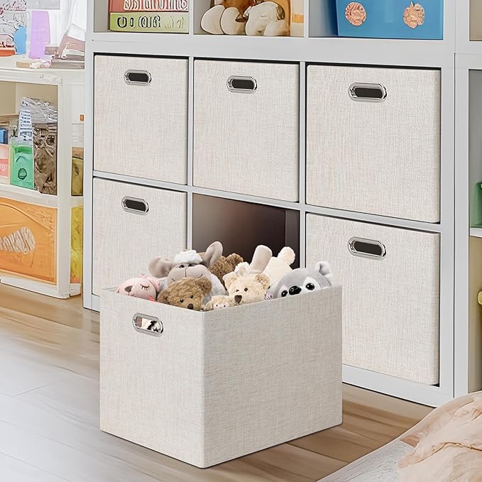 Posprica 15.12"x12.13"x12.01" Storage Cube Bins, Linen Decorative Closet Storage Organizer for IKEA Kallax, 4 Pack Fabric Foldable Large Storage Baskets for Closet, Shelves, Clothes, Toy (Beige)
