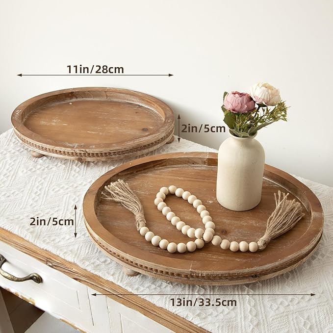 2 Piece Oval Torched Wooden Serving Tray Set with Beaded Design, Centerpiece Table Decorations Tray for Living Room Ottoman, Coffee Table Tray for Farmhouse Home Decor