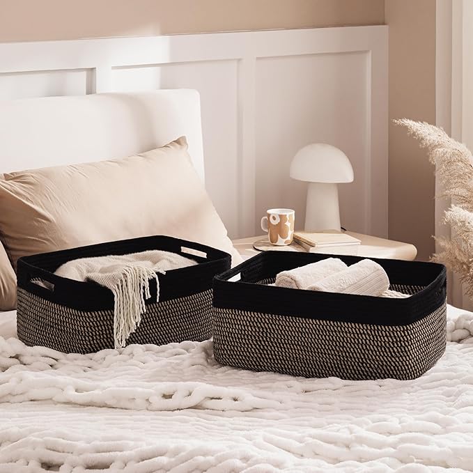UBBCARE 2 Pack Large Woven Storage Baskets for Organizing, Clothes/Towel/Sweater Organizer for Closet, Storage Baskets Bins for Shelves, Blanket Basket, 17''Lx13''Wx7.5''H, Black/Brown