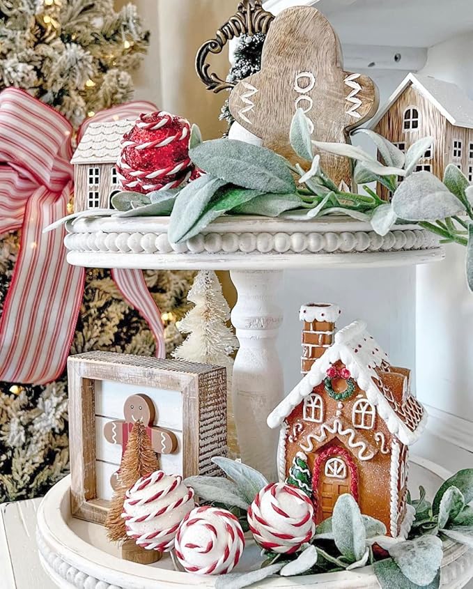 2 Tiered Tray Wooden Serving Stand by Felt Creative Home Goods. Small Shabby Chic Beaded Tray for Home Decor Display Farmhouse Country Decoration Kitchen or Dining. Includes 3 Custom Handles (White)