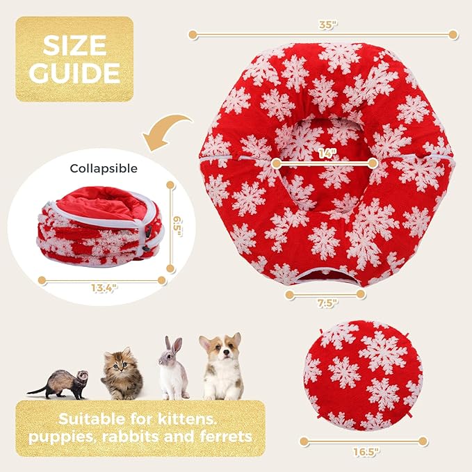 PEQULTI Cat Christmas Tunnel with Bed for Indoor Cats, Cat Donut Tunnel Under The Tree with Washable Soft Plush Mat, Round Tube Toys Cute Tube for Kittens, Puppies, Rabbits and Ferrets, Red