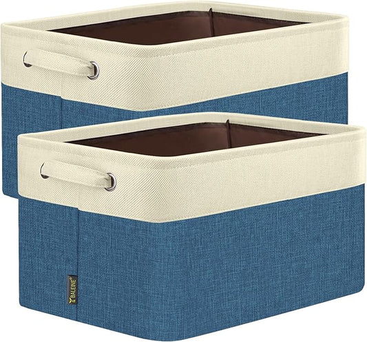 BALEINE 2 Pack Fabric Storage Bins for Shelves, Linen Storage Baskets for Organizing, Decorative Closet Bins for Clothes, Home (Navy Blue, 14''x10''x8.5'')