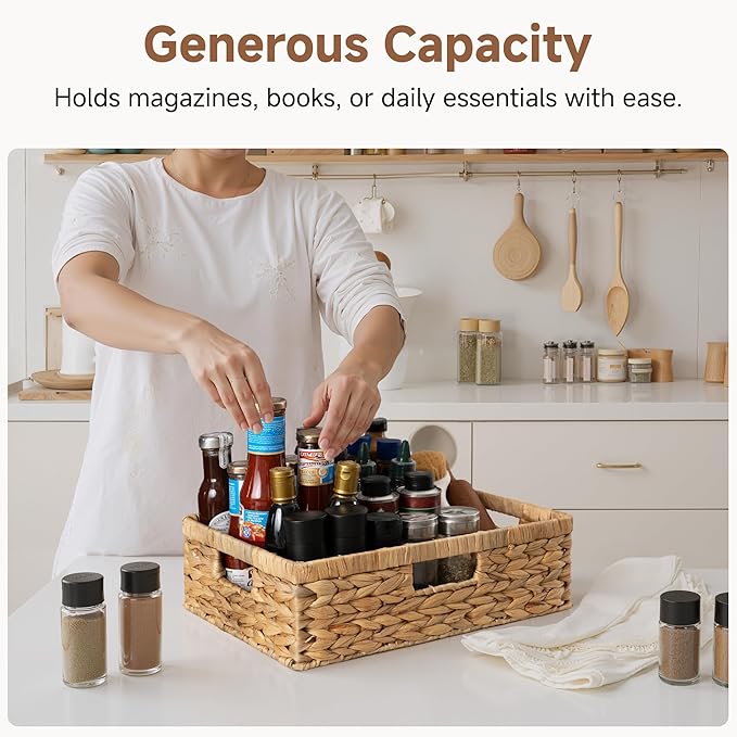 StorageWorks Pantry Baskets, Wicker Storage Baskets for Organizing, Shelves, Pantry Organizers and Storage, Water Hyacinth, 15½"L x 11¾"W x 4 ¾"H