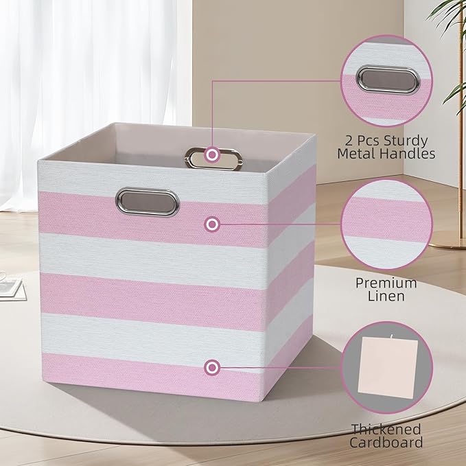 11x11 Cube Storage Bins, Collapsible Fabric Storage Cubes, Cubby Storage Organizer Bins Striped Container Baskets for Organizing Home Office Wardrobe Closet Shelf, Pack of 4, Pink/White