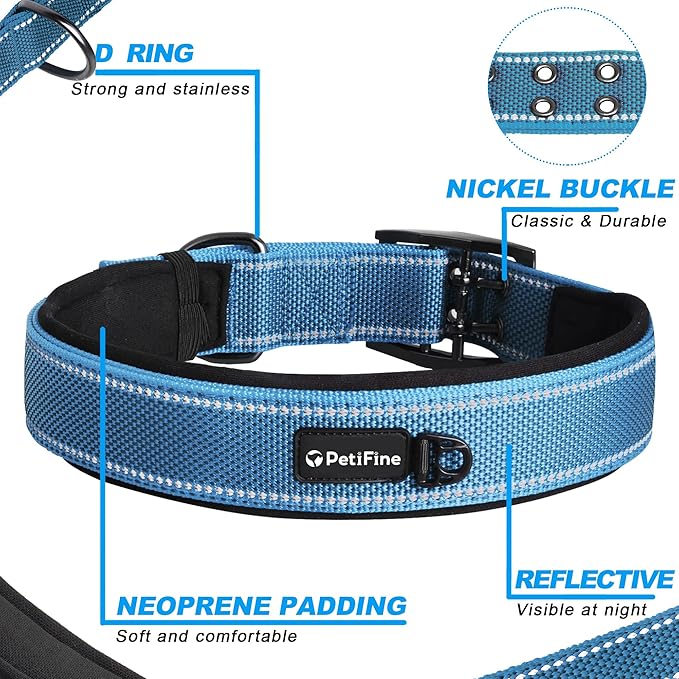 PetiFine Dog Collar for Large Dogs, Neoprene Padded and Adjustable, Reflective Wide Heavy Duty Pet Collars with Durable Metal Belt Buckle for Walking, Blue, XL