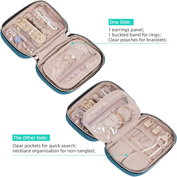 NISHEL Travel Jewelry Case, Holiday Organizer for Necklaces, Earrings, Rings, Bracelets, Watch,Small,Lake-Blue