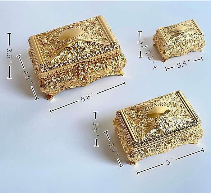 SIWOT Rectangular Classical Patterned Jewelry Box,Metal Retro European Scroll Design Treasure Storage Chest Case for Girls Women (Golden, Large)