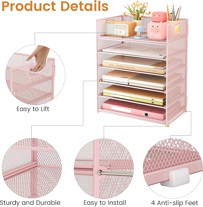 Subekyu 6 Tier Office File Paper Desk Tray Organizer with Handle, Stackable Slide Mesh Letter Tray Folder Pink Desk Organizer, Desktop Document Sorter for Classroom, Office, Home Supplies Storage