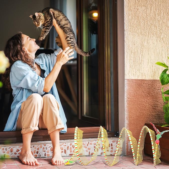 2-Pack Large Cat Tunnel Beds - Indoor & Outdoor,Kitten Collapsible Spring Tunnel Toy with Feather and Bell,Interactive Spring Toys for Cats & Kittens（Yellow and Blue）