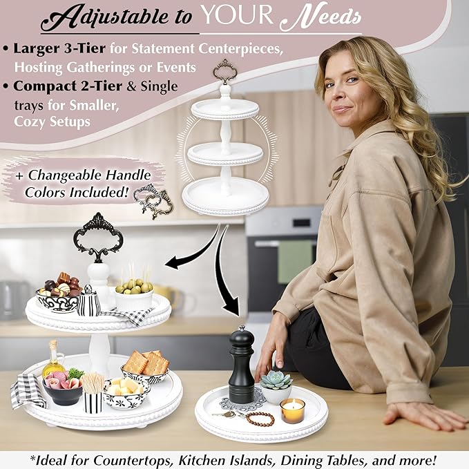 [3-in-1] Wooden Tiered Tray Stand - Beaded 3 Tiered Tray Decor Wood Cupcake Stand for Farmhouse Country Rustic Home - 3 Tier Stand [with 3 Changeable Handles] by Felt Creative Home Goods (White)