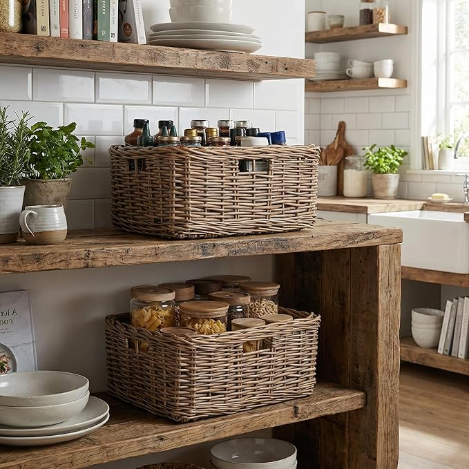 StorageWorks Pantry Baskets, Willow Storage Baskets for Organizing, Shelves, Pantry Organizers and Storage, Light Brown, 15"L x 11"W x 6 ¾"H