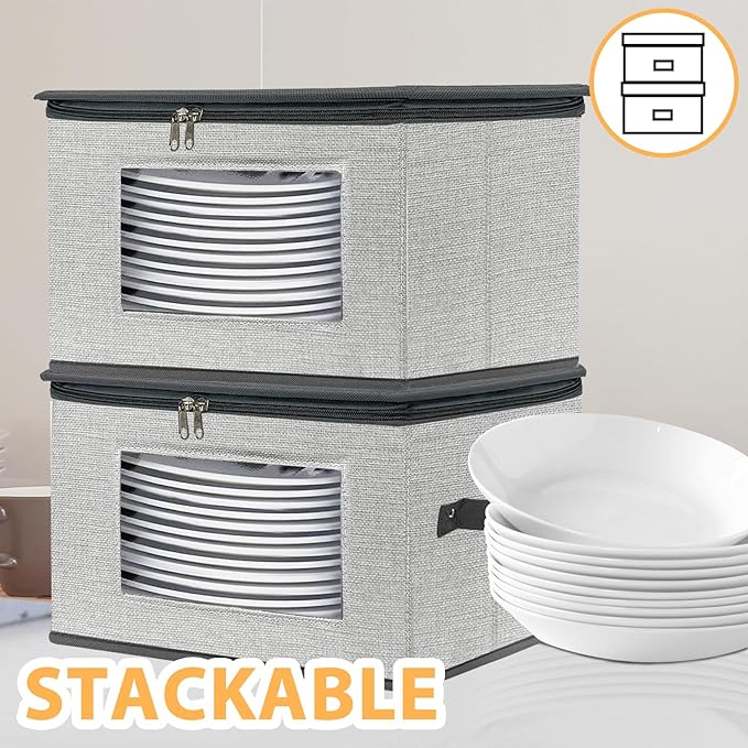 China Storage Containers, 12 Inch Dinner Plate Dish Storage Containers, Hard Shell Quilted Dinnerware Storage Box Case with Lids and Felt Protectors for Dishes Plates Storage and Moving (Light Grey)