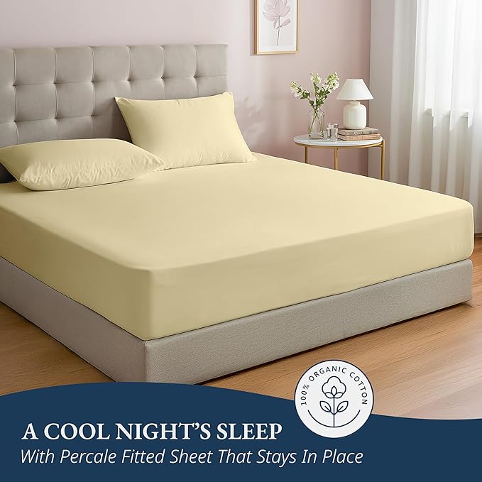 LANE LINEN Twin XL Fitted Sheet, 100% Organic Cotton 2-Piece Set (1 Fitted Sheet, 1 Pillowcase), Percale Weave, Bottom Sheet, Soft, Breathable, Fits Mattress Upto 15" Deep - Vanilla (No Flat Sheet)