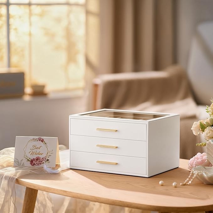 pickpiff Jewelry Box Organizer Case for Women: 3-Layer Jewelry Storage Case with Glass Window, Pure White Leather with Velvet Holder for Ring Necklace Bracelet Brooch Watch, Great Gift for Her