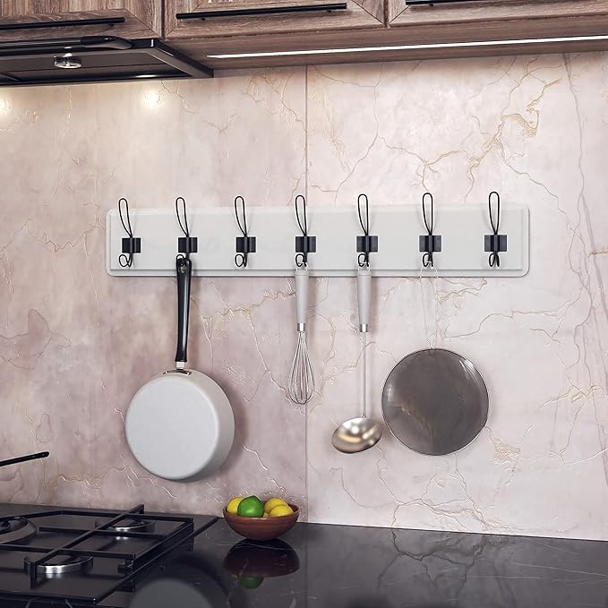 HBCY Creations White Solid Wood Wall Mounted Coat Rack with Shelf, 7 Hooks, 34" Long - Kitchen, Mudroom, Entryway, Bathroom - Includes Mounting Hardware, Coat Hanger, Dog Leash Hooks, Towel Rack