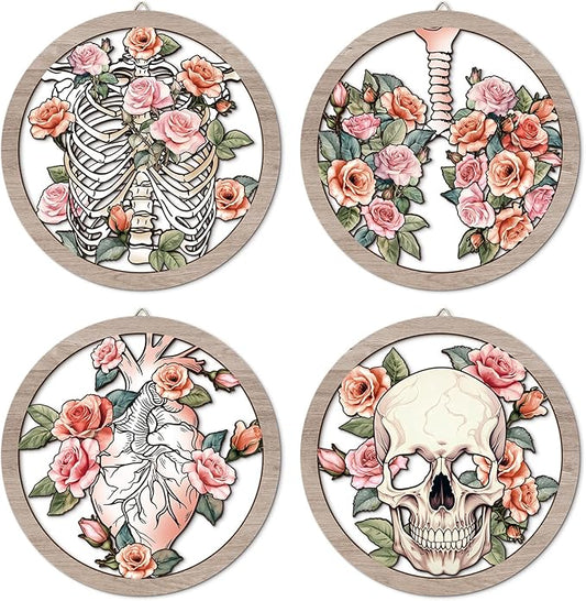 HPNIUB Medical Human Anatomy Wall Decor, Farmhouse Medical Anatomical Hanging Wooden Wall Art, 4 Pieces 9.84''x9.84'' Pink Floral Heart Skull Anatomy Wood Sign for Nursing Doctor Room Living Room