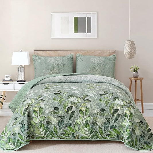 WONGS BEDDING Green Quilt Set Queen Size,3 Pieces Green Floral Bedspread Coverlet Set, Soft Microfiber Lightweight Floral Bedding Set Queen 96"×90"