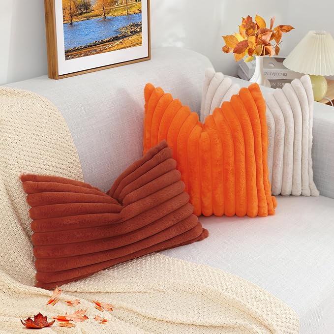 decorUhome Faux Fur Spring Throw Pillow Covers 16x16 Set of 2, Decorative Soft Plush Striped Neutral Couch Pillow Covers with Velvet Back for Sofa, Bed, Living Room Home, Rust